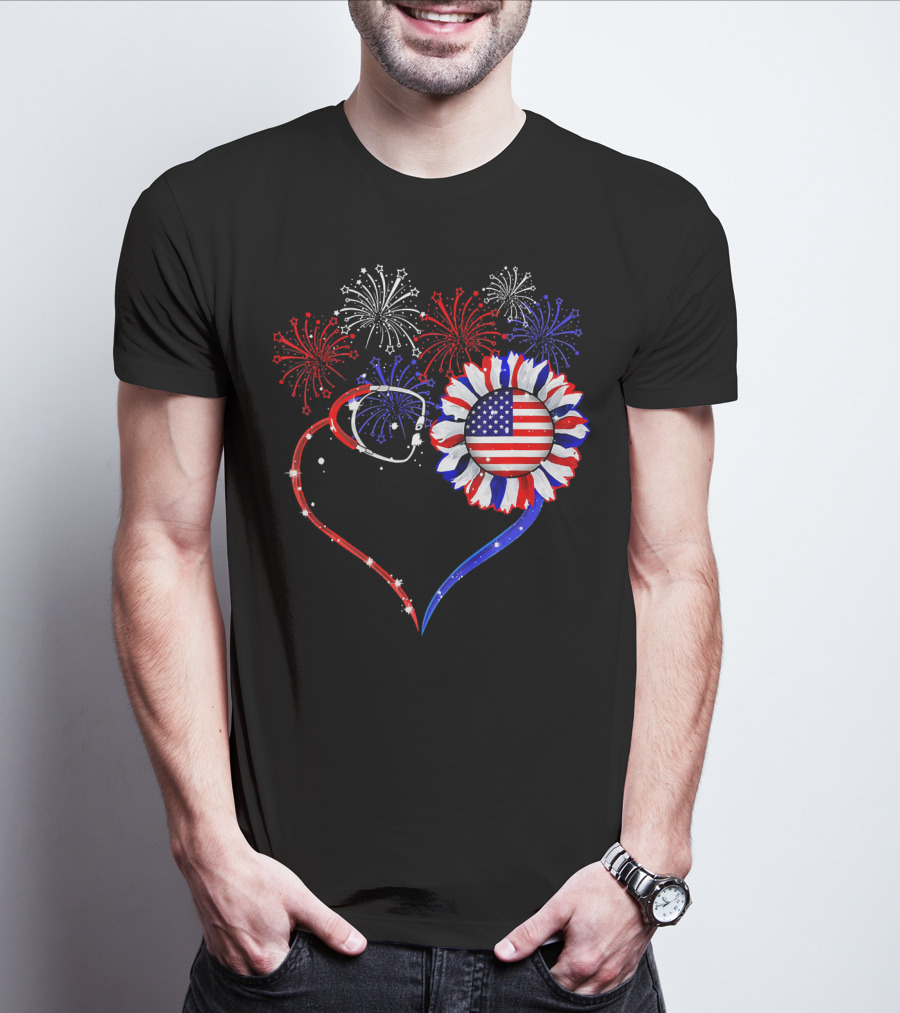 Nurse Heart Stethoscope Sunflower American Flag Fireworks T-Shirt