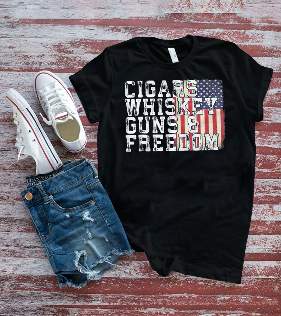 Cigars Whiskey Guns And Freedom American Flag T-Shirt