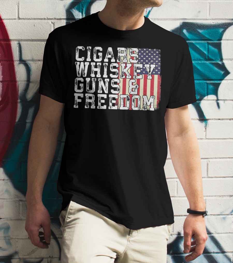 Cigars Whiskey Guns And Freedom American Flag T-Shirt