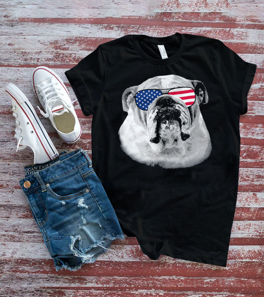 Patriotic Bulldog Dog Merica American Flag Sunglasses T-Shirt
