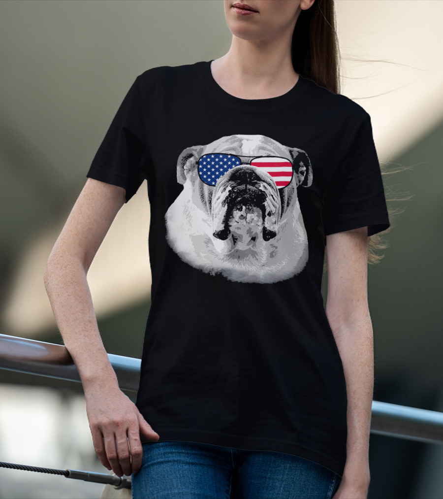 Patriotic Bulldog Dog Merica American Flag Sunglasses T-Shirt