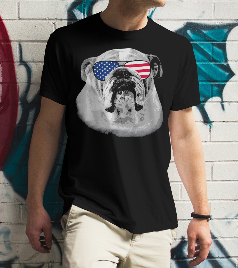 Patriotic Bulldog Dog Merica American Flag Sunglasses T-Shirt