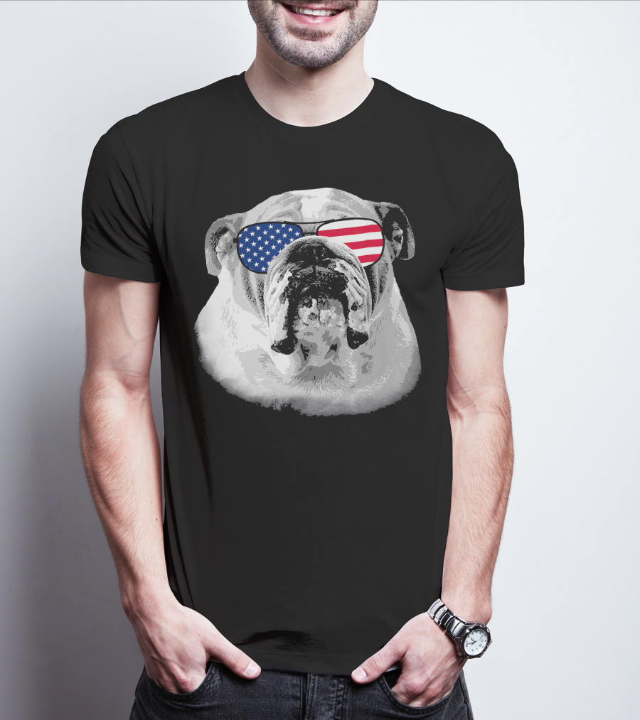 Patriotic Bulldog Dog Merica American Flag Sunglasses T-Shirt