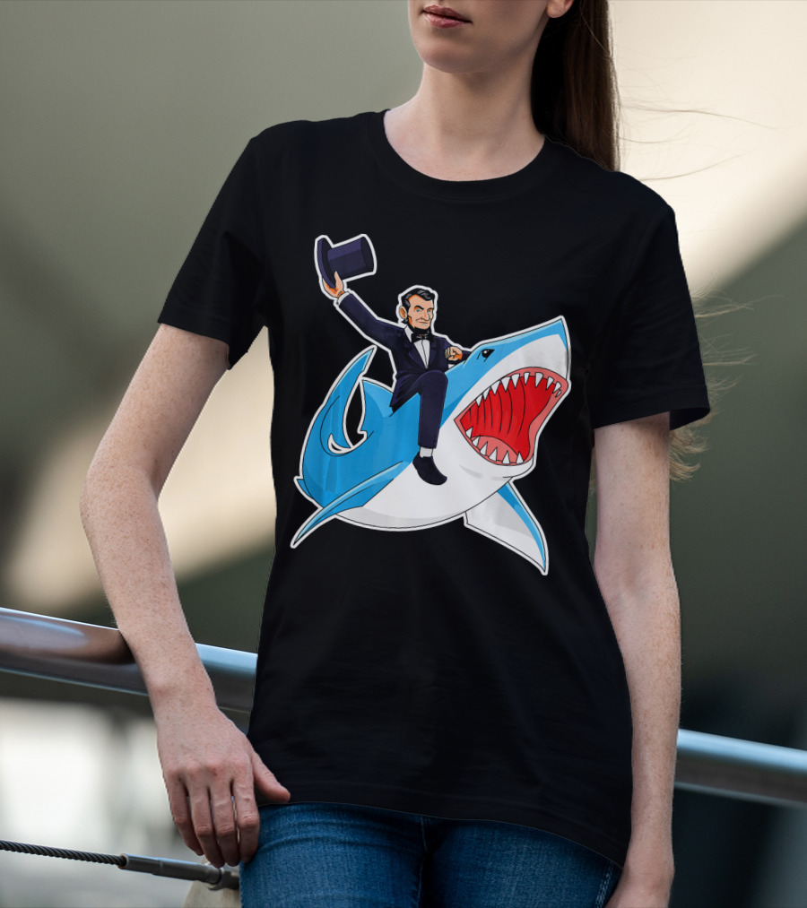 Abraham Lincoln Riding A Shark Waving Top Hat Adventure T-Shirt