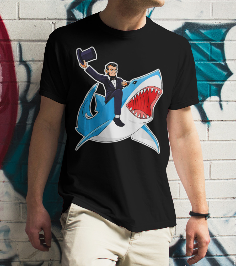 Abraham Lincoln Riding A Shark Waving Top Hat Adventure T-Shirt