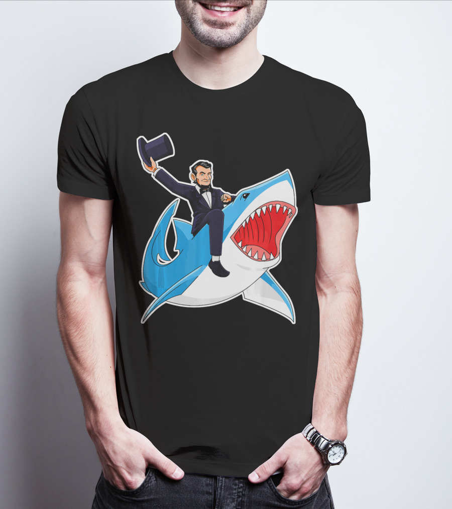 Abraham Lincoln Riding A Shark Waving Top Hat Adventure T-Shirt