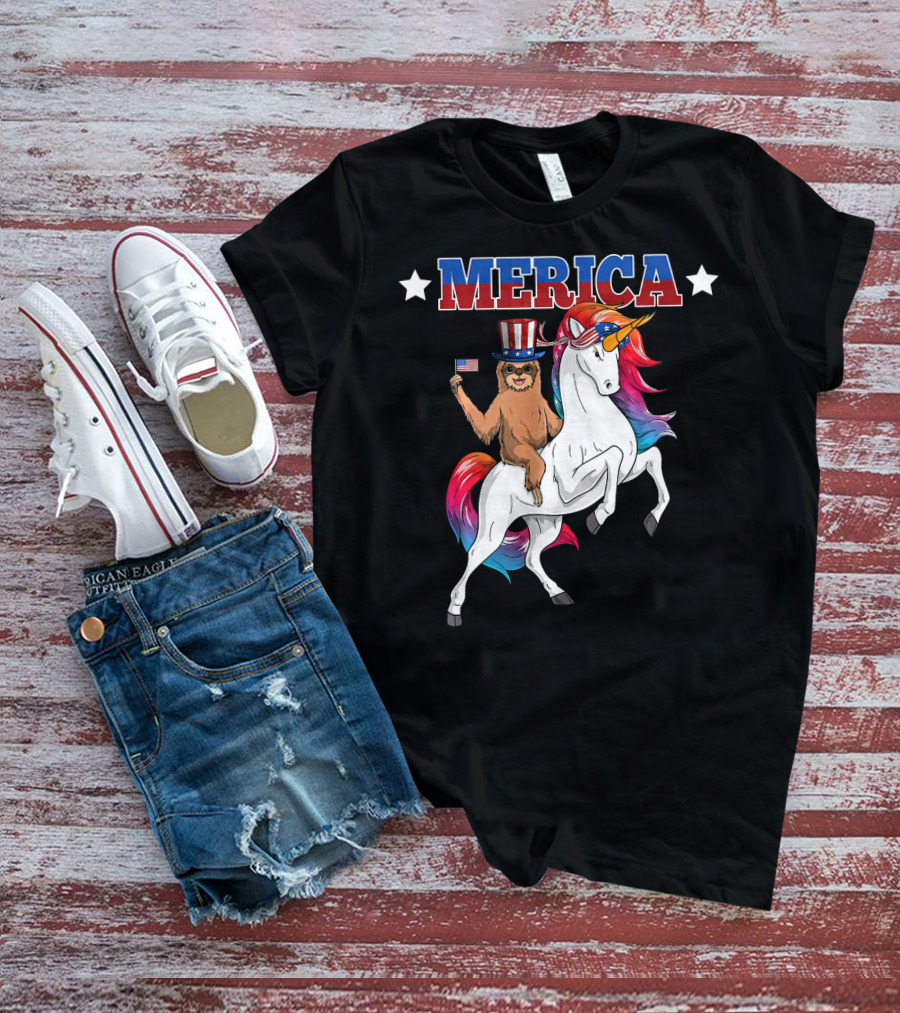 Merica Sloth Riding Patriotic Unicorn With USA American Flag T-Shirt