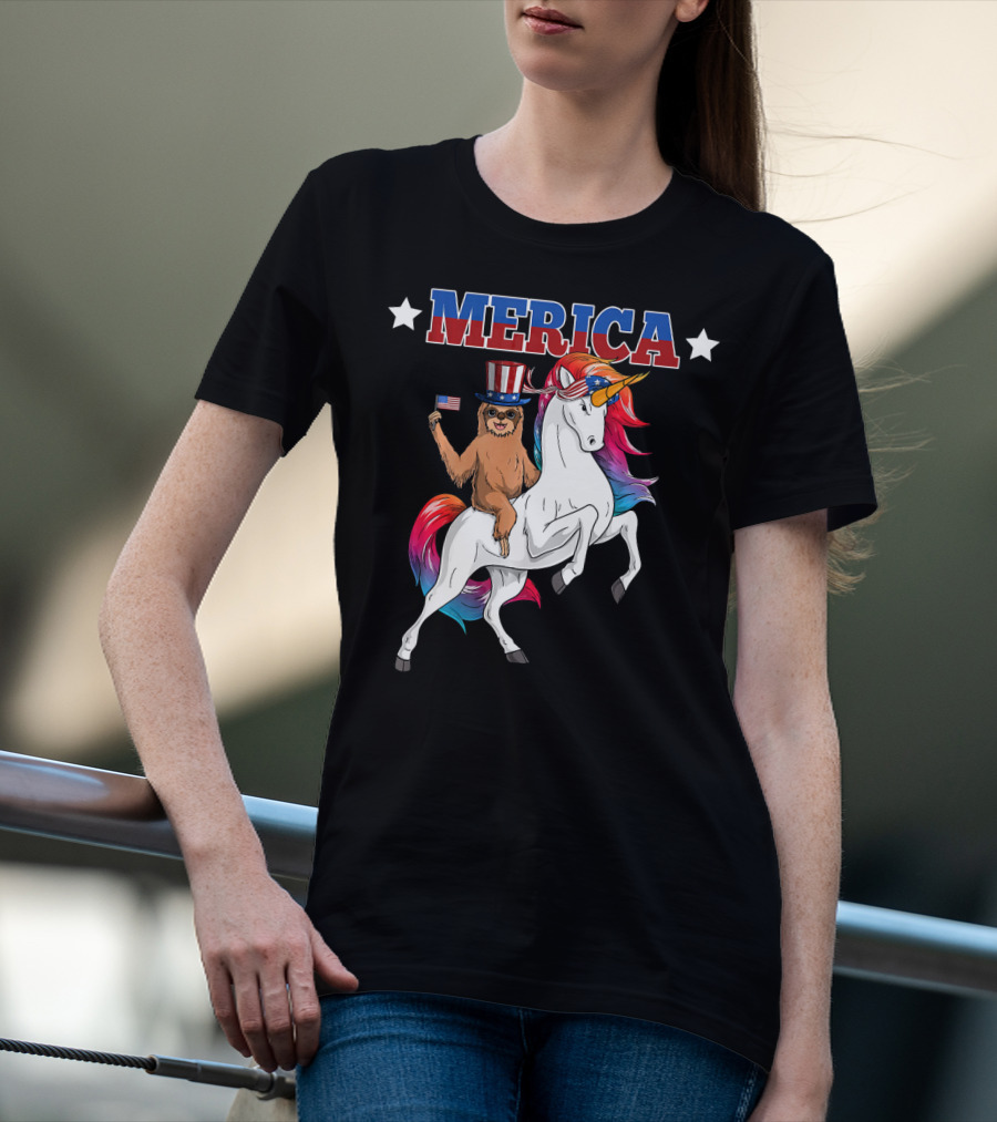 Merica Sloth Riding Patriotic Unicorn With USA American Flag T-Shirt