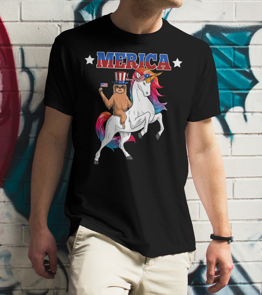 Merica Sloth Riding Patriotic Unicorn With USA American Flag T-Shirt