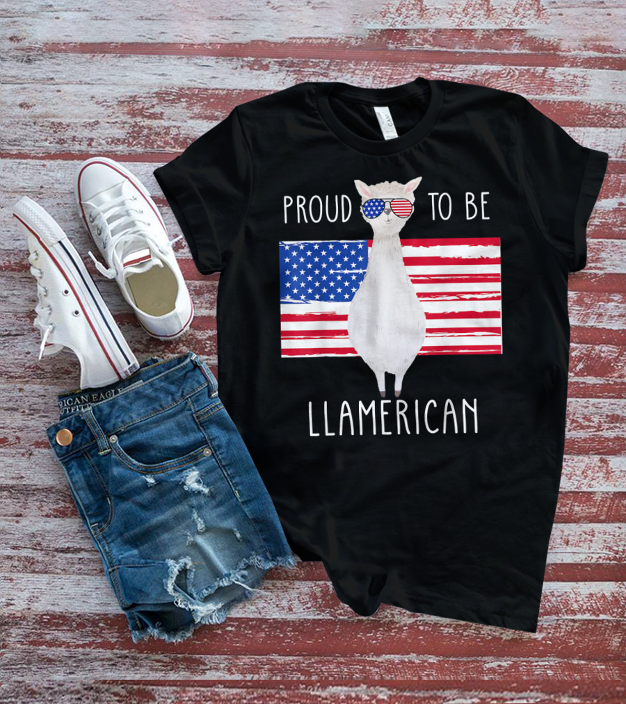 Proud To Be Llamerican Funny Llama With American Flag Sunglasses T-Shirt