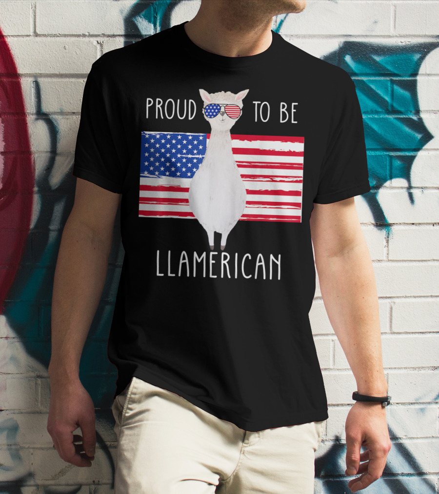 Proud To Be Llamerican Funny Llama With American Flag Sunglasses T-Shirt