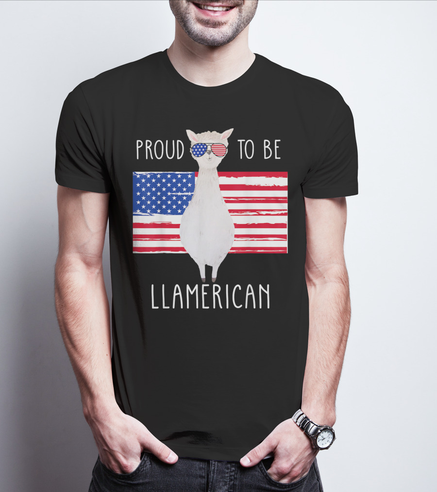 Proud To Be Llamerican Funny Llama With American Flag Sunglasses T-Shirt