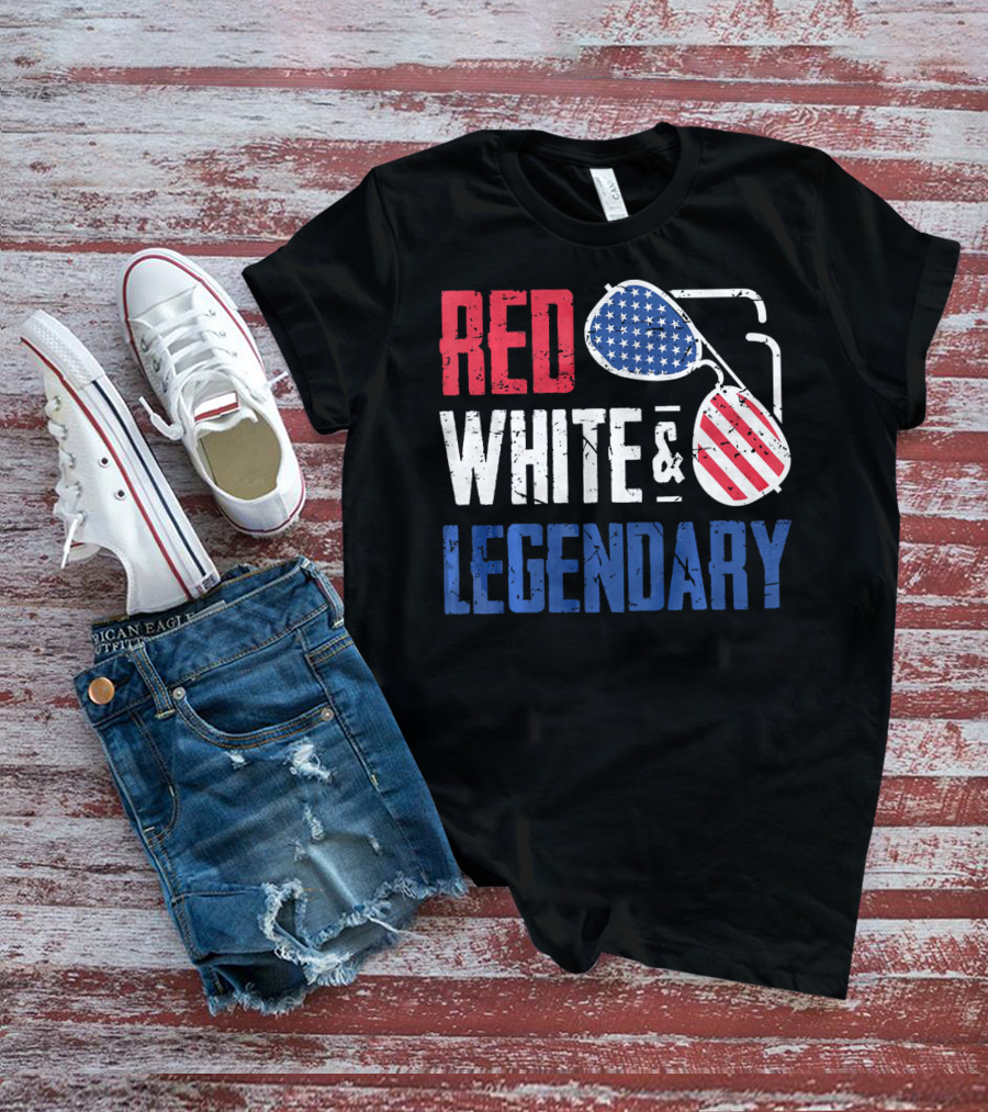 Red White And Legendary American Sunglasses USA Flag T-Shirt
