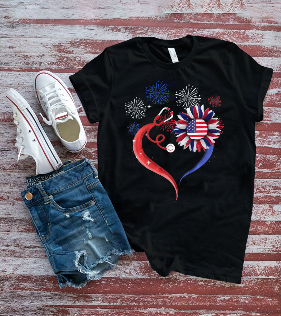 Heart Shaped Red Stethoscope Sunflower With USA Flag And Fireworks T-Shirt