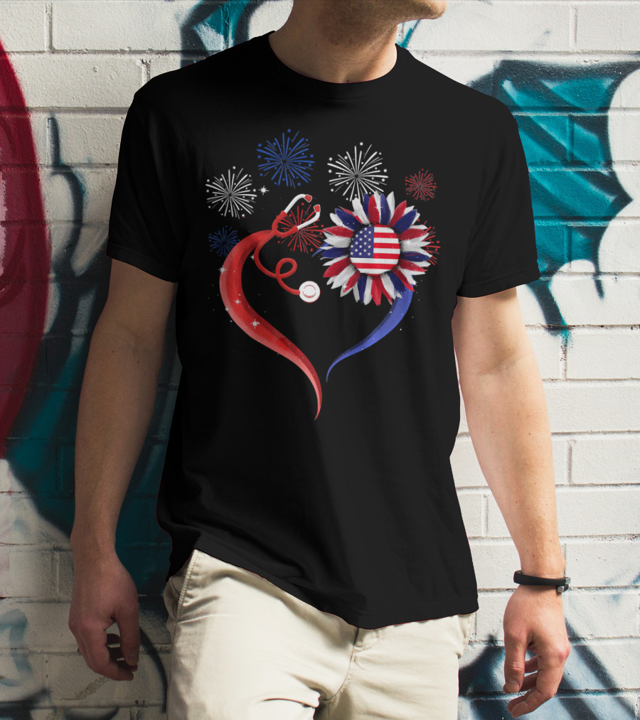 Heart Shaped Red Stethoscope Sunflower With USA Flag And Fireworks T-Shirt
