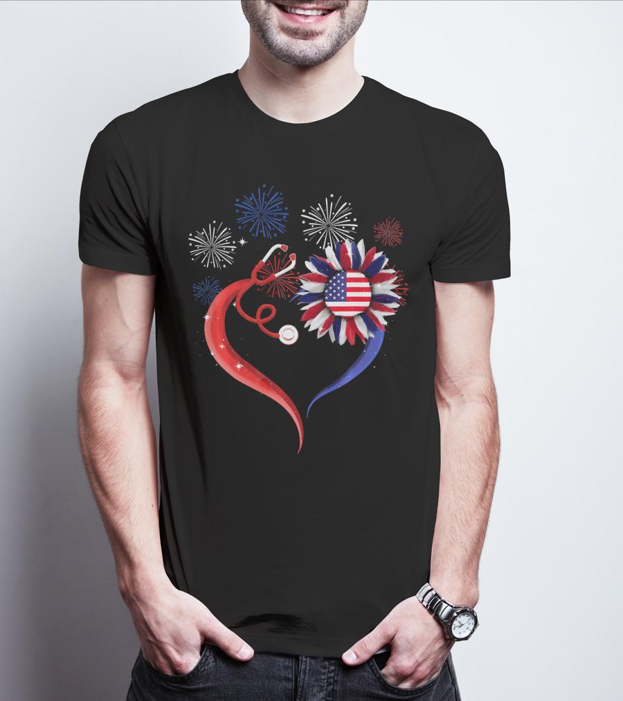 Heart Shaped Red Stethoscope Sunflower With USA Flag And Fireworks T-Shirt