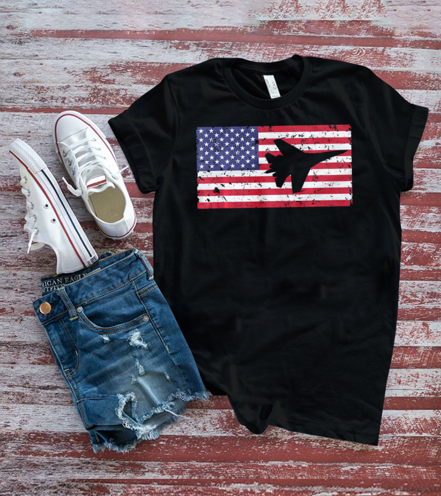 American Flag Jet Silhouette Patriotic Airplane T-Shirt