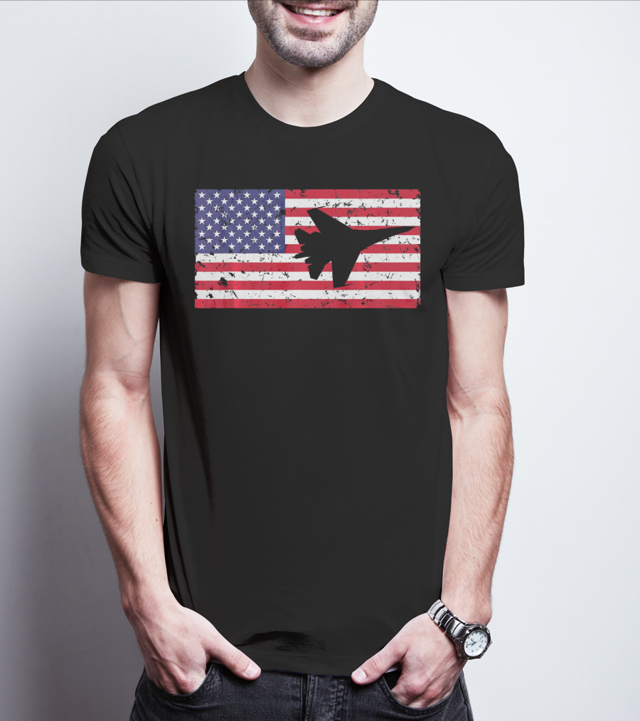 American Flag Jet Silhouette Patriotic Airplane T-Shirt