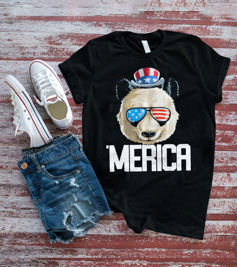 'Merica Panda With Patriotic Sunglasses And Uncle Sam Hat T-Shirt