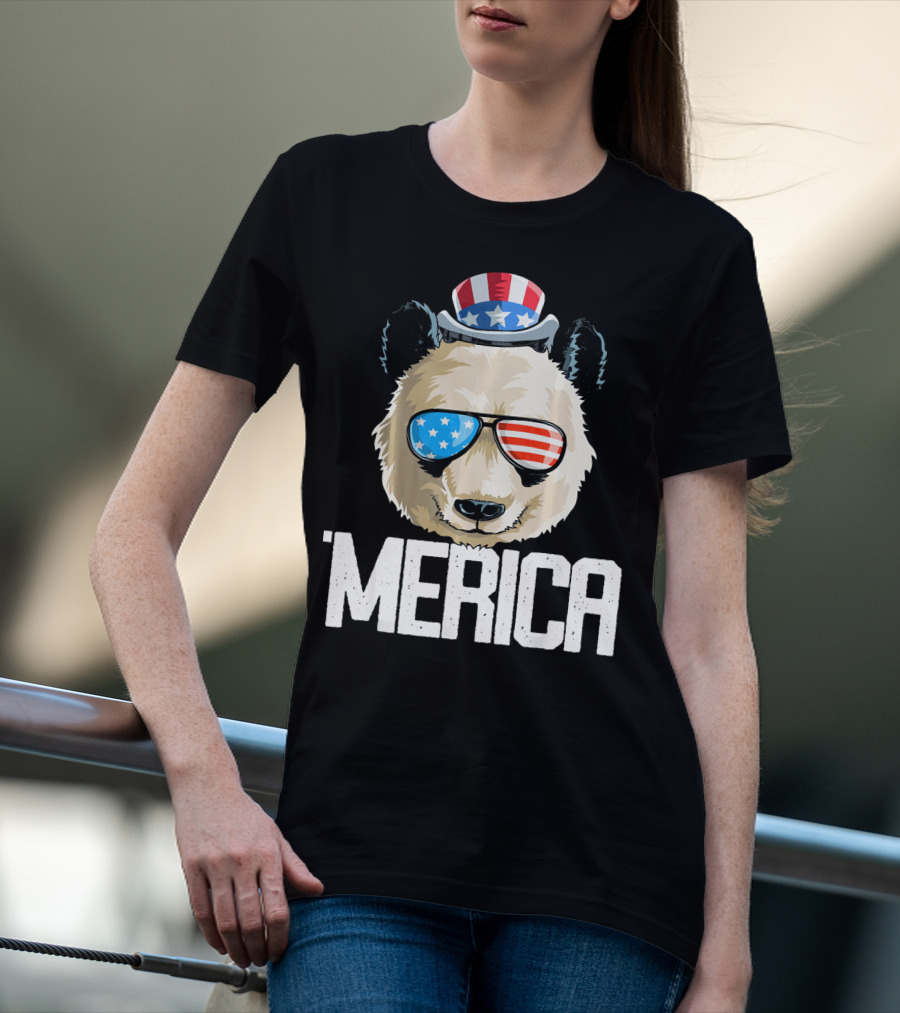 'Merica Panda With Patriotic Sunglasses And Uncle Sam Hat T-Shirt