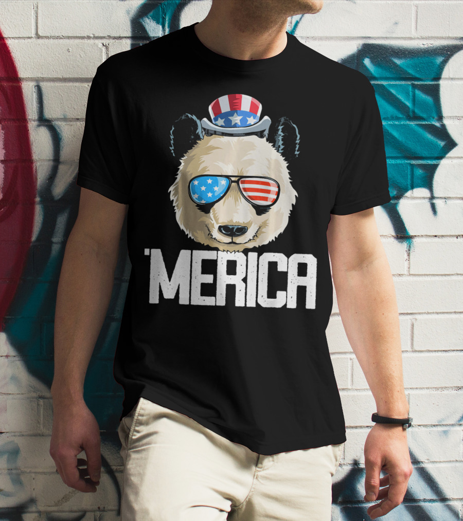 'Merica Panda With Patriotic Sunglasses And Uncle Sam Hat T-Shirt