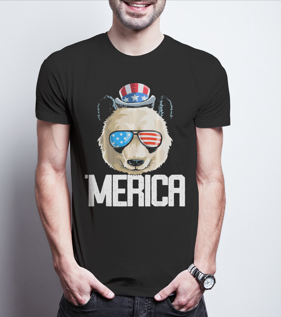 'Merica Panda With Patriotic Sunglasses And Uncle Sam Hat T-Shirt