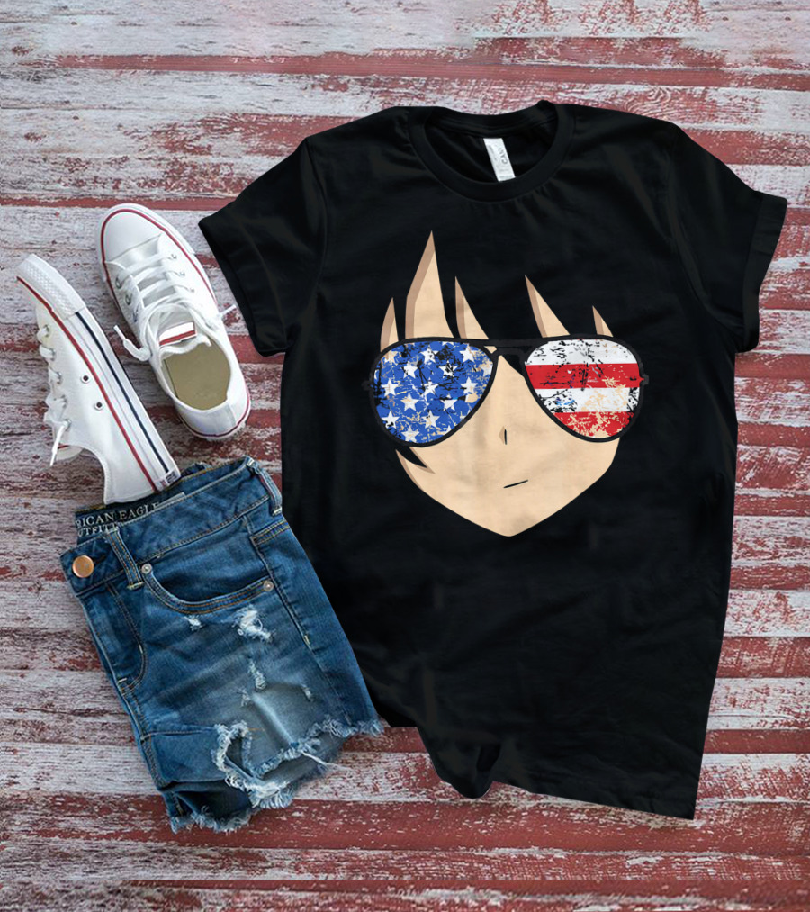 American Anime Face With Stars And Stripes USA Sunglasses T-Shirt