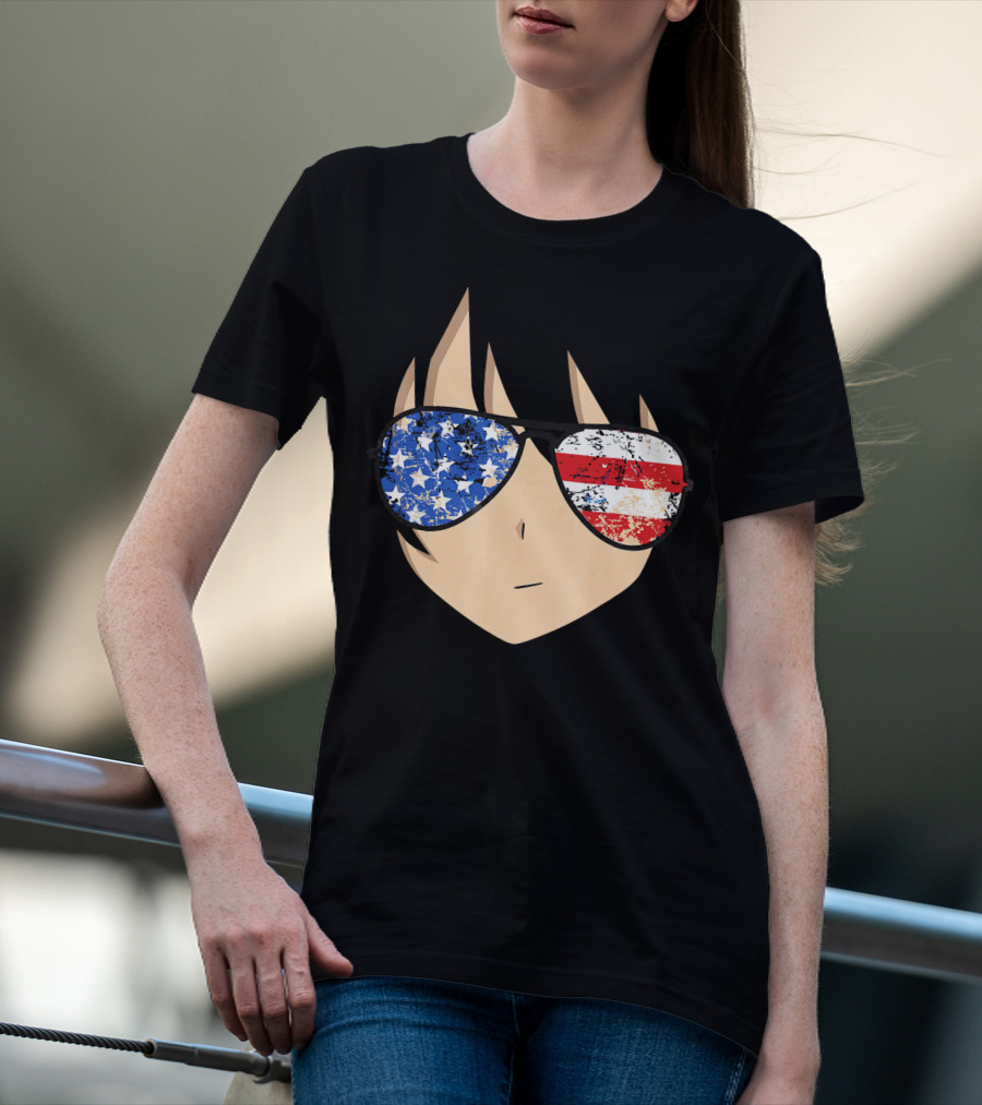 American Anime Face With Stars And Stripes USA Sunglasses T-Shirt