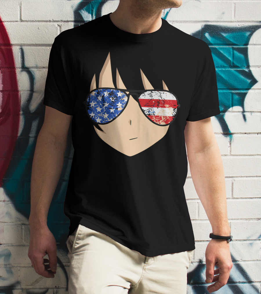 American Anime Face With Stars And Stripes USA Sunglasses T-Shirt