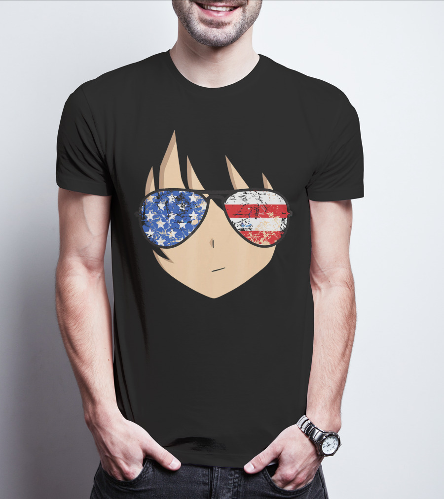 American Anime Face With Stars And Stripes USA Sunglasses T-Shirt