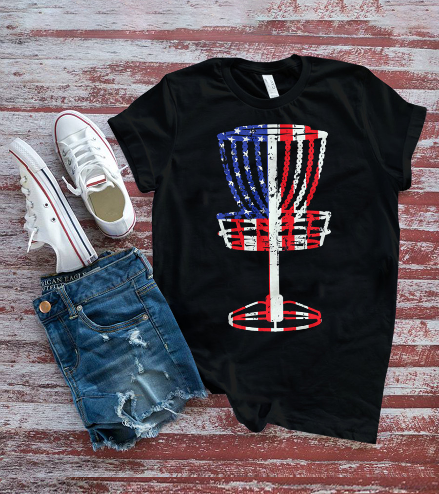 Patriotic USA Disc Golf Basket American Flag Frisbee Golfing T-Shirt