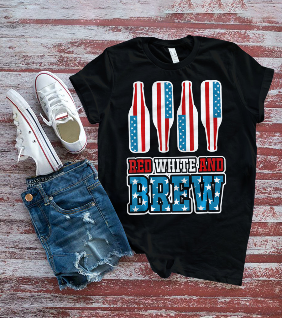 Red White And Brew American Flag Beer Bottles T-Shirt