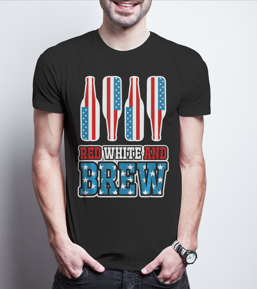 Red White And Brew American Flag Beer Bottles T-Shirt