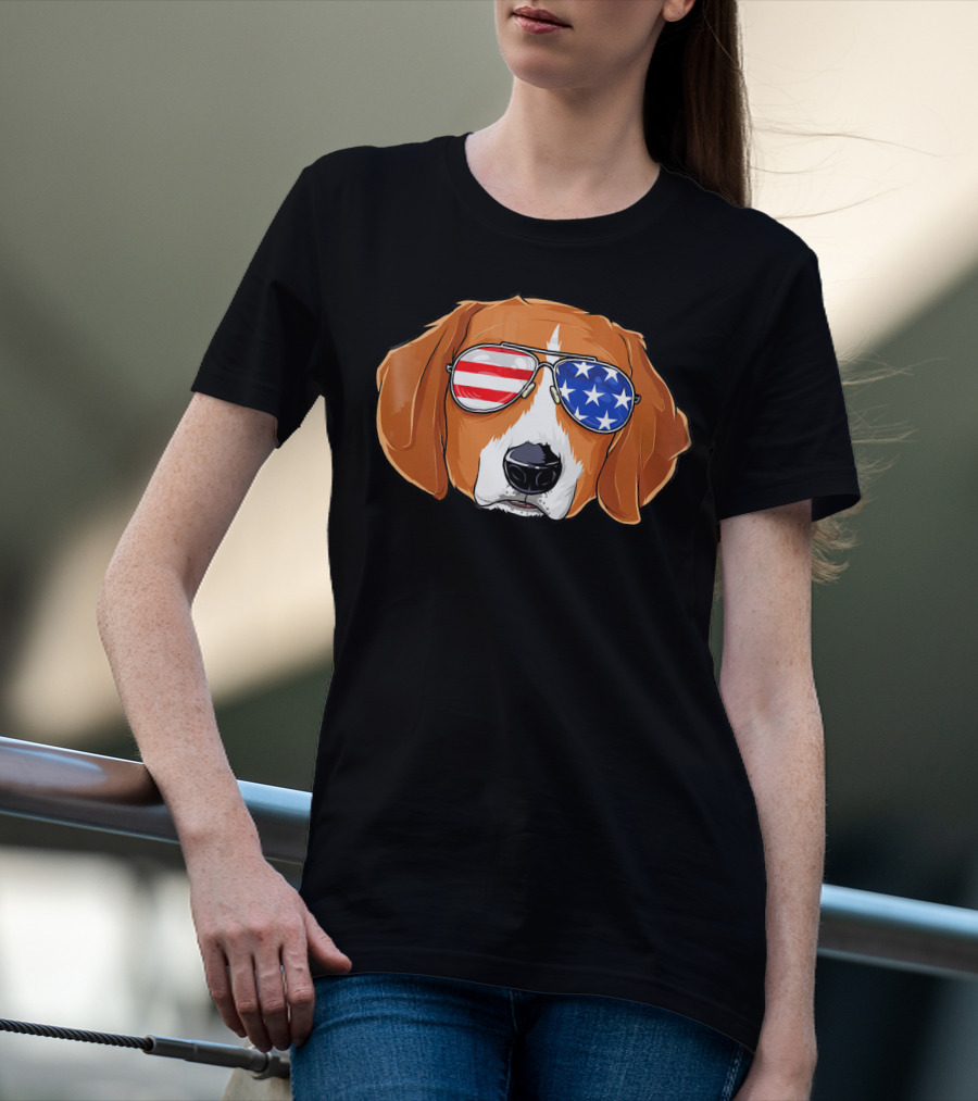 Beagle Wearing American Flag Sunglasses With Patriotic T-Shirt