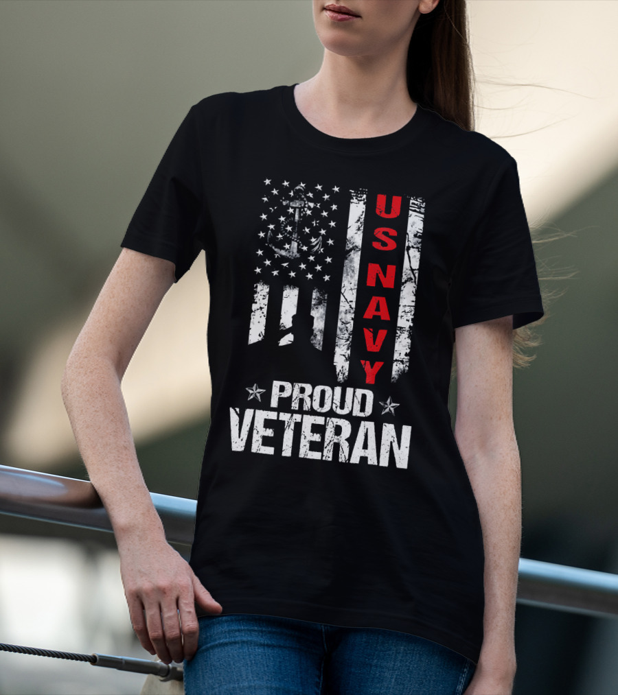 US Navy Proud Veteran Patriotic American Flag Anchor Stars T-Shirt