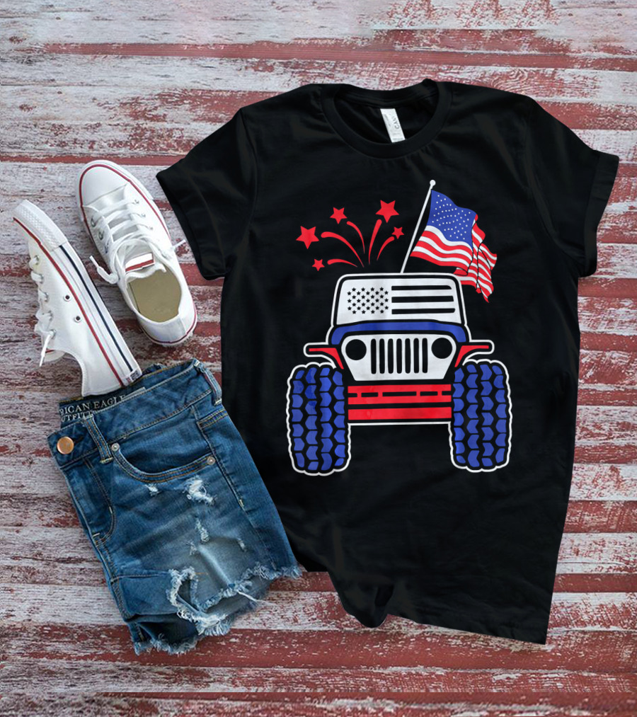 Jeep With Stars And Stripes American Flag Fireworks T-Shirt