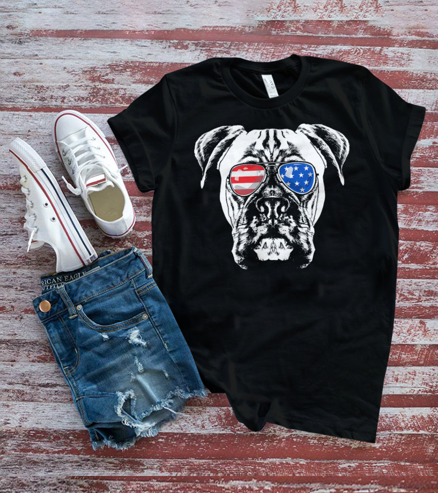 Boxer Dog American Flag Sunglasses Patriotic T-Shirt