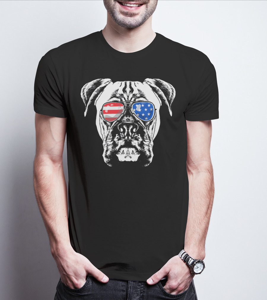 Boxer Dog American Flag Sunglasses Patriotic T-Shirt
