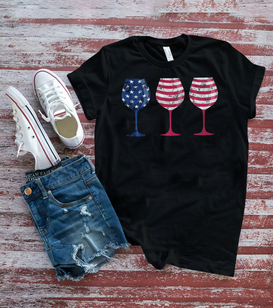 American Flag Wine Glass Trio T-Shirt