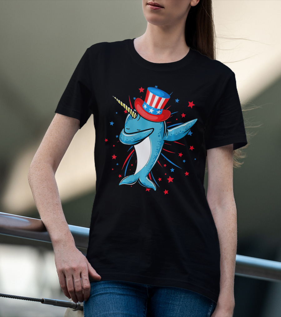 Dabbing Narwhal With Stars And Stripes Hat Firework Background T-Shirt