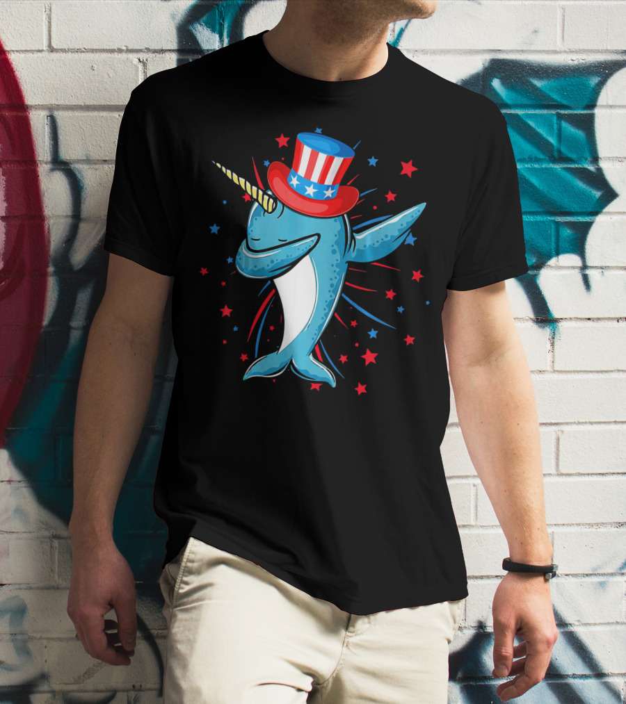 Dabbing Narwhal With Stars And Stripes Hat Firework Background T-Shirt