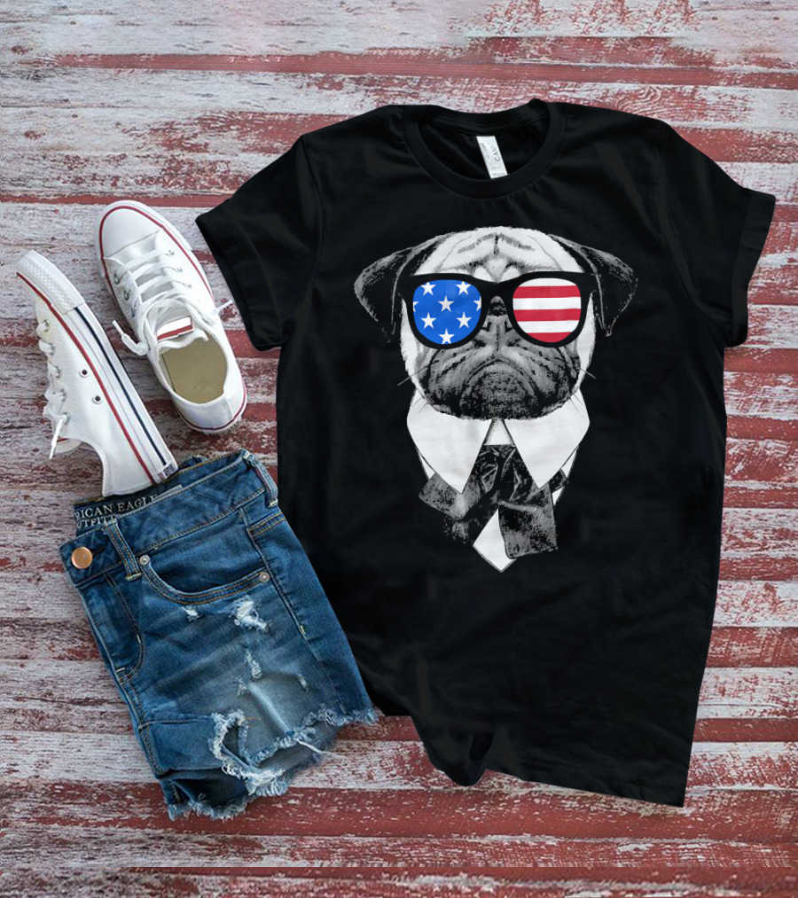 Patriotic Pug With American Flag Sunglasses And Tie T-Shirt