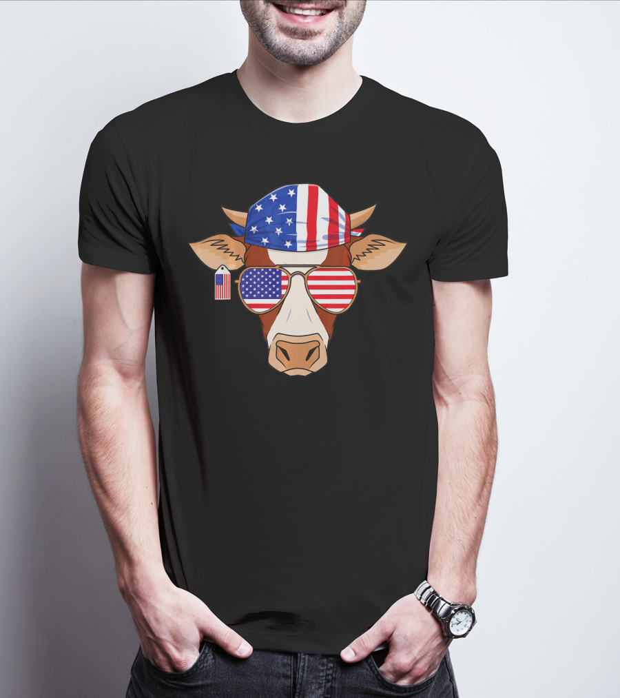 Cow Wearing American Flag Bandana And Sunglasses Fourth Of July Patriotic American T-Shirt