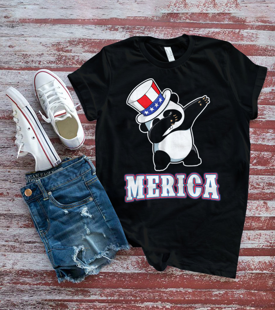 Merica Dabbing Panda In American Flag Top Hat T-Shirt