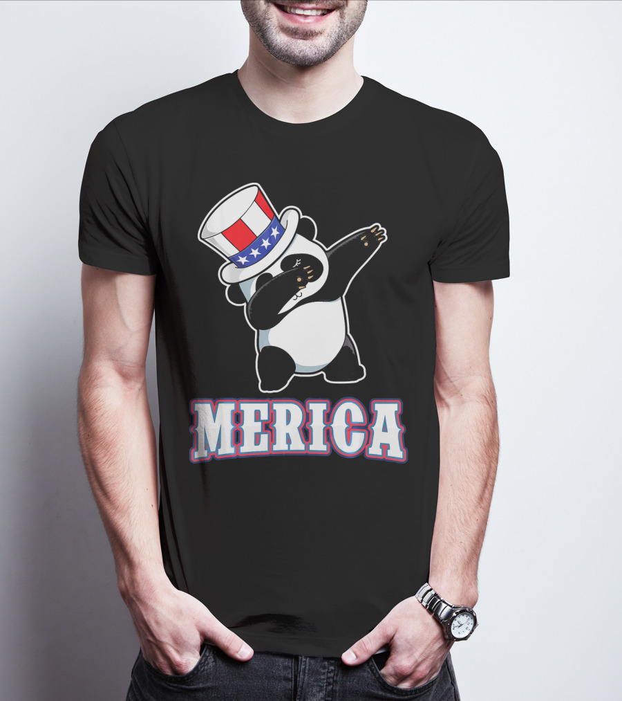 Merica Dabbing Panda In American Flag Top Hat T-Shirt
