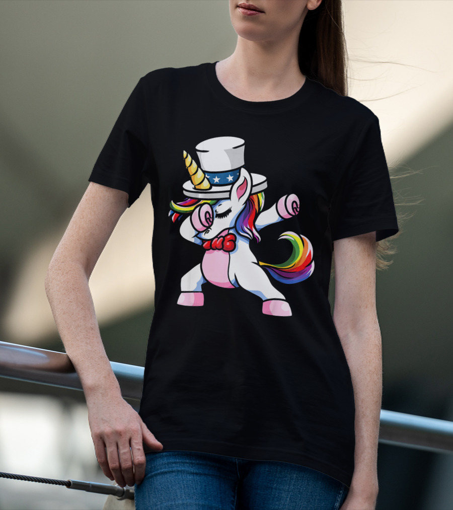 Girls Dabbing Unicorn With Patriotic American Hat T-Shirt