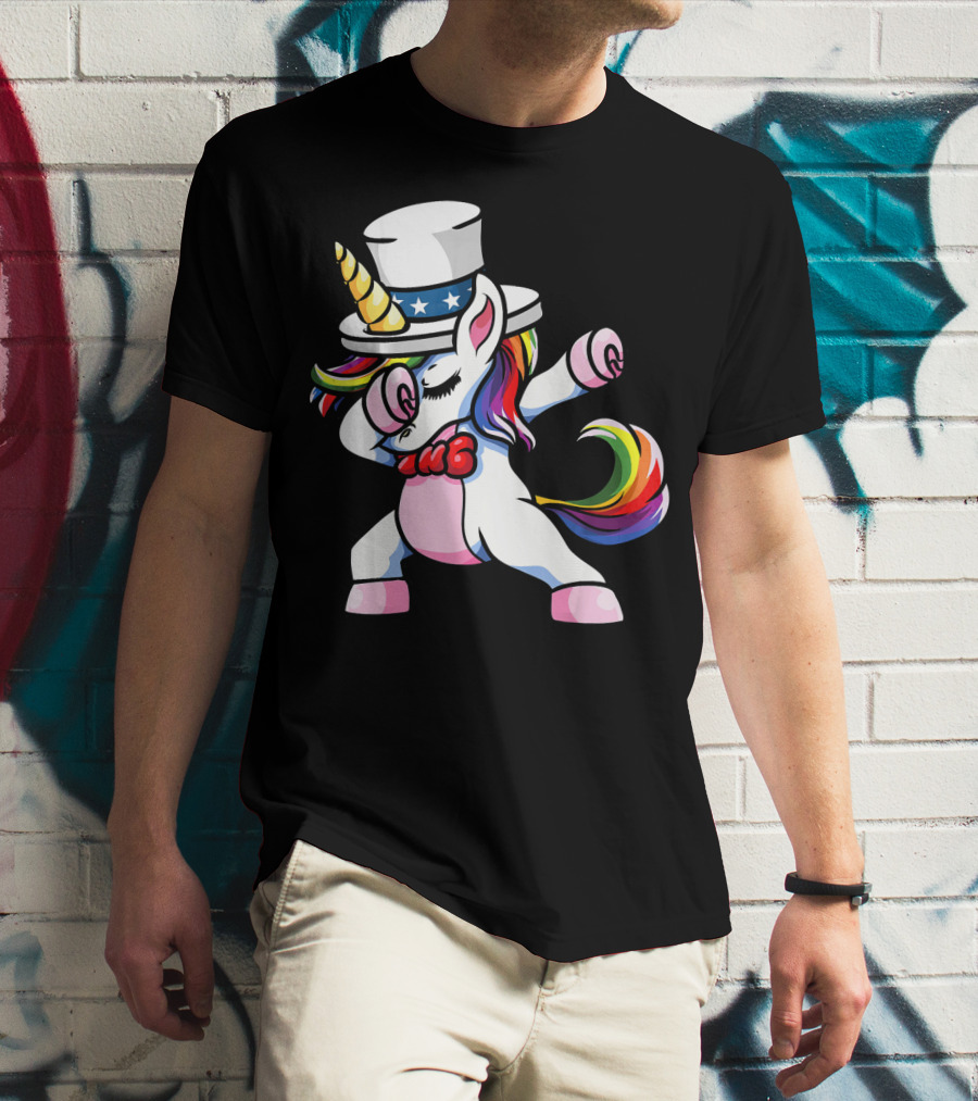 Girls Dabbing Unicorn With Patriotic American Hat T-Shirt