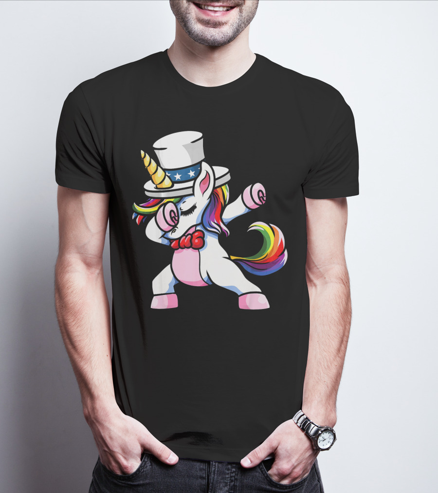 Girls Dabbing Unicorn With Patriotic American Hat T-Shirt