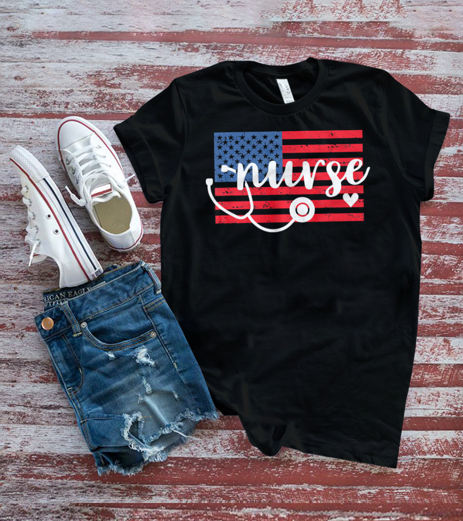 Nurse American Flag With Stethoscope And Heart T-Shirt