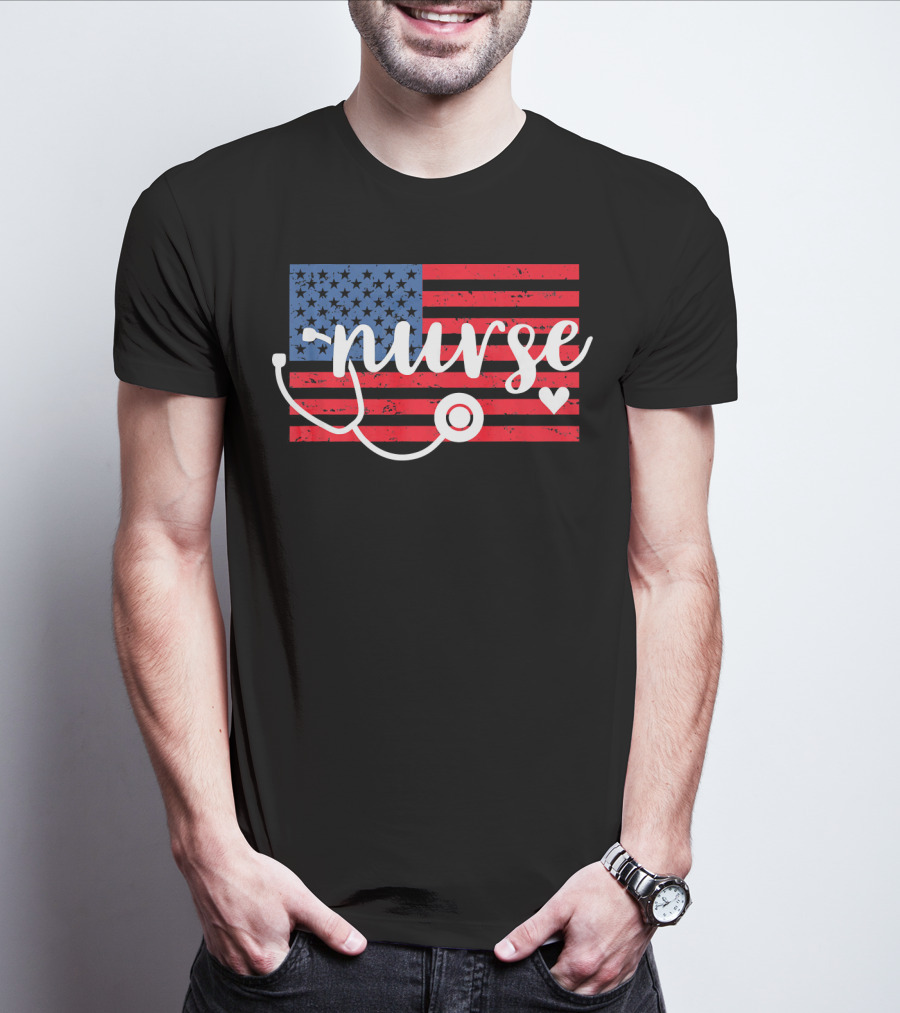 Nurse American Flag With Stethoscope And Heart T-Shirt